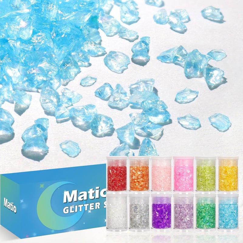 Matio 12 Colors Iridescent Crushed Glass, Irregular Chunky Glitter, Sprinkle Chips for Resin Epoxy Jewelry DIY, Shattered Glass Crystal Flakes Sequins for Nail Art Makeup Decoration Vase Filler - Image 1